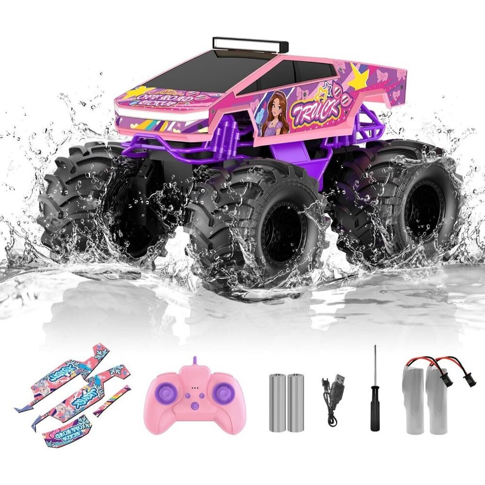 Remote Control Car 1:18 Pink Monster Truck 4WD Waterproof RC Off-Road Pickup 6+